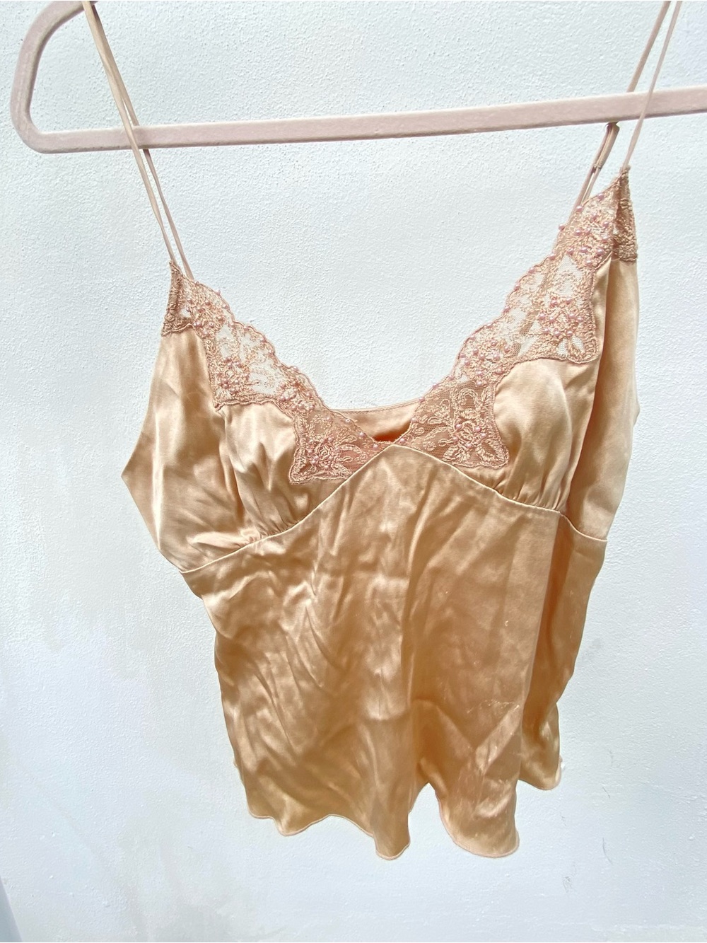 Y2K Forever 21 Silk Champagne Pearl Lace Fairy Tank Top Size Large